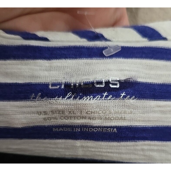 Chico's Nautical Blue Striped Popover Quarter Sleeve Blouse Womans Size XL - Picture 2 of 3